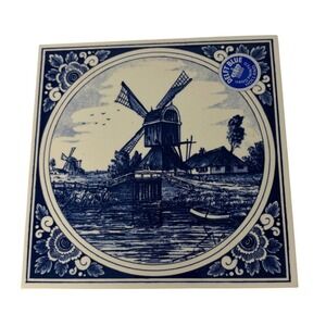 Vintage Delft Blue Holland Hand Painted Windmill Ceramic Tile Dutch Wall Decor
